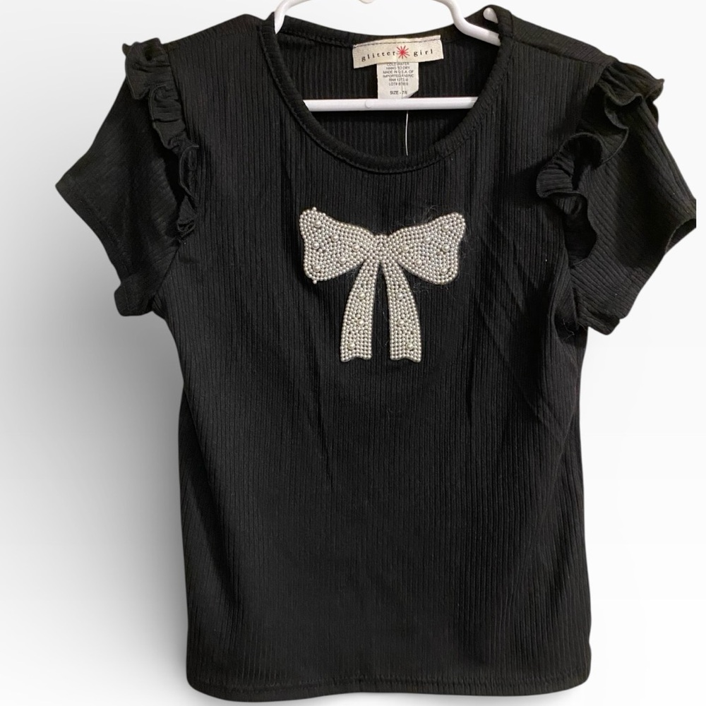 New Glitter Girl Black beaded bow Ruffle top Size 7/8 Girls